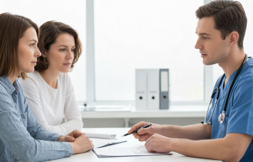 Владелец сидит за столом с ветеринаром, что-то обсуждают